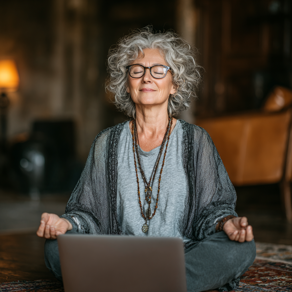 Жінка 56 років практикує йогу вдома перед ноутбуком, слідуючи онлайн-заняттю shodravelin