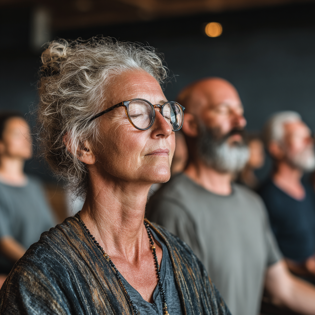 Група людей віком 50-65 років медитують разом у заспокійливій атмосфері студії shodravelin